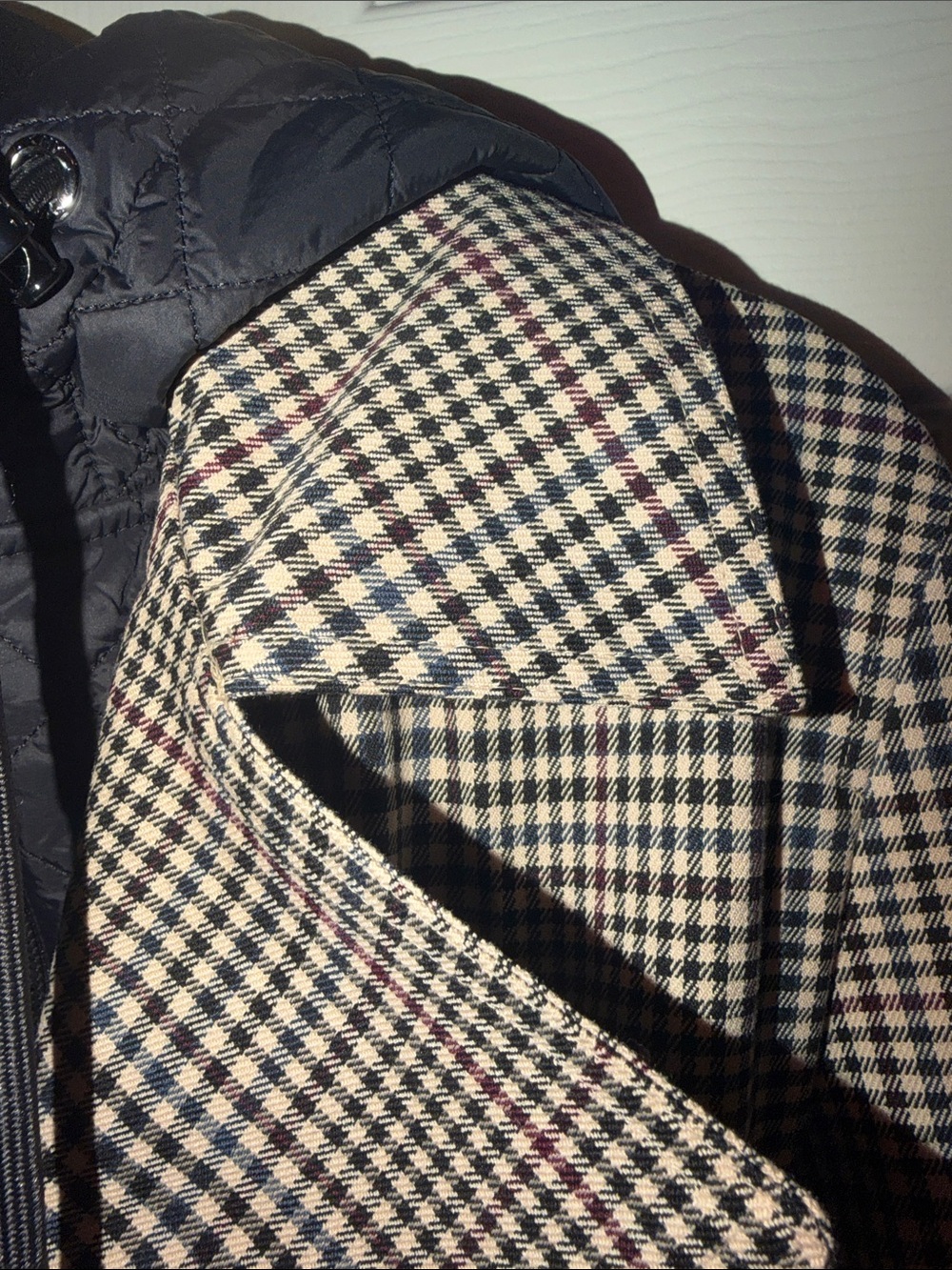 DKNY Black & White Houndstooth Double-Breasted Trench Coat with Detachable Hood - Picture 11 of 14